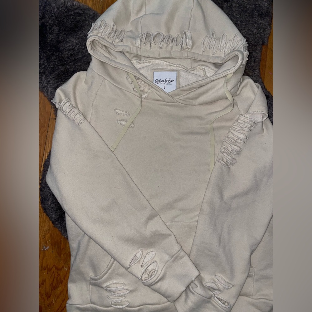 Med. Distressed hoodie in sand by Chelsea Deboer